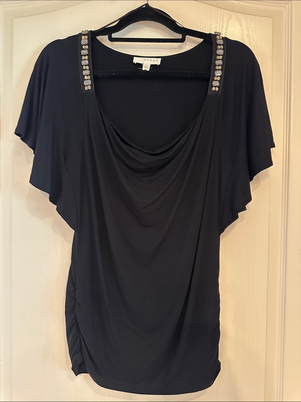 Kenar Black Drape-Neck Top with Rhinestone Shoulder Straps